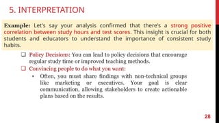 5. INTERPRETATION
❏ Policy Decisions: You can lead to policy decisions that encourage
regular study time or improved teaching methods.
❏ Convincing people to do what you want:
• Often, you must share findings with non-technical groups
like marketing or executives. Your goal is clear
communication, allowing stakeholders to create actionable
plans based on the results.
28
Example: Let's say your analysis confirmed that there's a strong positive
correlation between study hours and test scores. This insight is crucial for both
students and educators to understand the importance of consistent study
habits.
 