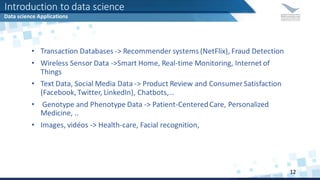 • Transaction Databases -> Recommender systems (NetFlix), Fraud Detection
• Wireless Sensor Data ->Smart Home, Real-time Monitoring, Internet of
Things
• Text Data, Social Media Data -> Product Review and Consumer Satisfaction
(Facebook, Twitter, LinkedIn), Chatbots, ..
• Genotype and Phenotype Data -> Patient-CenteredCare, Personalized
Medicine, ..
• Images, vidéos -> Health-care, Facial recognition,
Introduction to data science
Data science Applications
12
 
