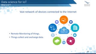 Vast network of devices connected to the Internet
• Remote Monitoring of things.
• Things collect and exchange data.
Data science for IoT
What is IoT ?
13
 