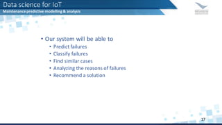 • Our system will be able to
• Predict failures
• Classify failures
• Find similar cases
• Analyzing the reasons of failures
• Recommend a solution
Data science for IoT
Maintenance predictive modelling & analysis
17
 