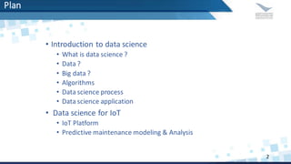 Plan
2
• Introduction to data science
• What is data science ?
• Data ?
• Big data ?
• Algorithms
• Data science process
• Data science application
• Data science for IoT
• IoT Platform
• Predictive maintenance modeling & Analysis
 