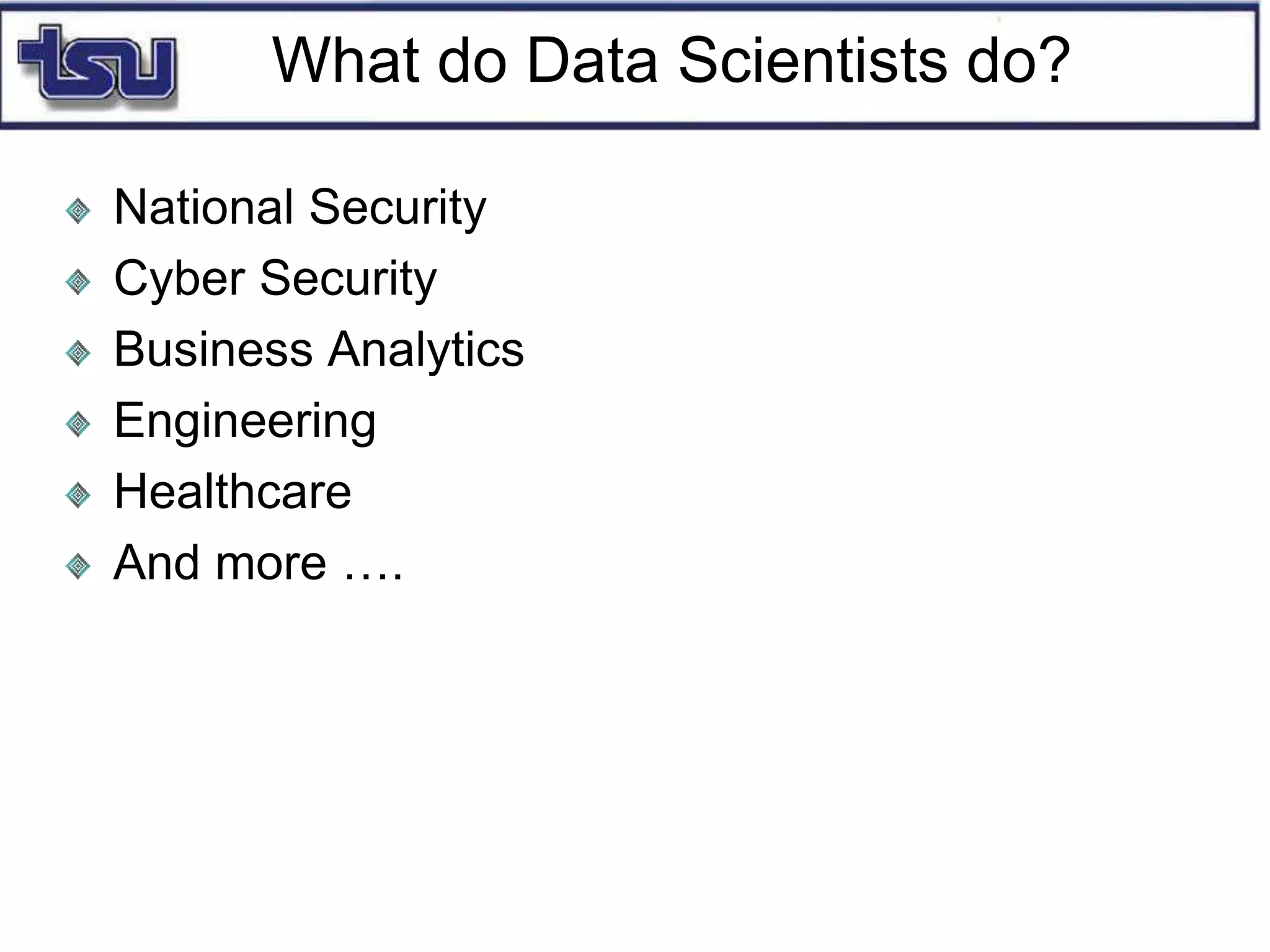 What do Data Scientists do?
National Security
Cyber Security
Business Analytics
Engineering
Healthcare
And more ….
 
