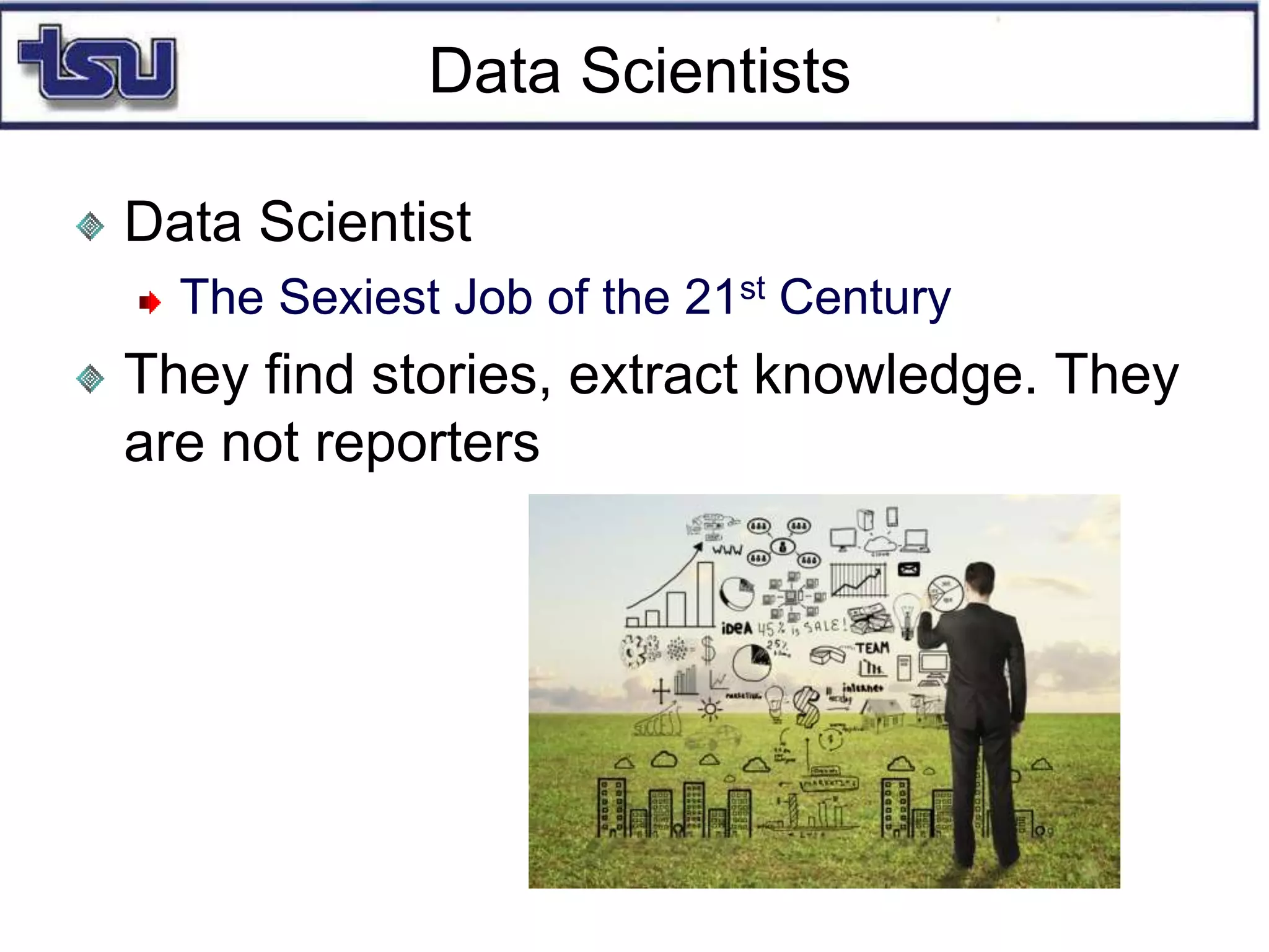 Data Scientists
Data Scientist
The Sexiest Job of the 21st Century
They find stories, extract knowledge. They
are not reporters
 