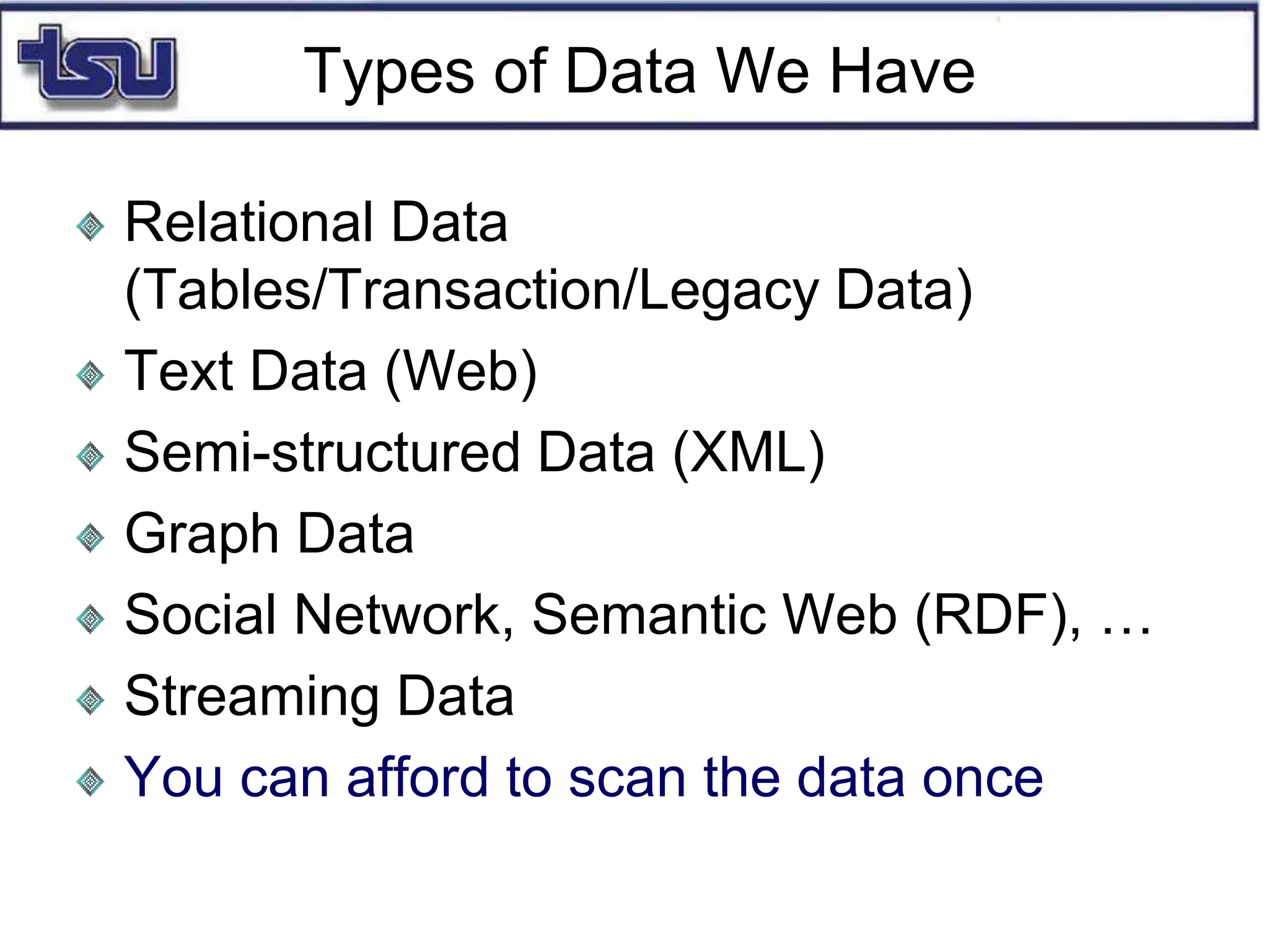 Types of Data We Have
Relational Data
(Tables/Transaction/Legacy Data)
Text Data (Web)
Semi-structured Data (XML)
Graph Data
Social Network, Semantic Web (RDF), …
Streaming Data
You can afford to scan the data once
 