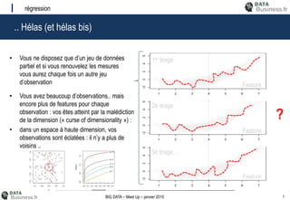 7BIG DATA – Meet Up – janvier 2015
.. Hélas (et hélas bis)
régression
• Vous ne disposez que d’un jeu de données
partiel et si vous renouvelez les mesures
vous aurez chaque fois un autre jeu
d’observation
1er tirage
2è tirage
3è tirage …
Feature
Feature
Feature
?
• Vous avez beaucoup d’observations.. mais
encore plus de features pour chaque
observation : vos êtes atteint par la malédiction
de la dimension (« curse of dimensionality ») :
• dans un espace à haute dimension, vos
observations sont éclatées : il n’y a plus de
voisins ..
 
