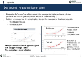 9BIG DATA – Meet Up – janvier 2015
Des astuces : ne pas être juge et partie
régression
• L’évaluation de l’erreur d’interpolation des données connues n’est visiblement pas la métrique
pertinente (sinon on va systématiquement pencher du coté « overfitting »)
• Solution « on ne peut pas être juge et partie »: les données connues sont réparties en deux lots
– Un lot d’apprentissage
– Un lot d’évaluation
Exemple de répartition entre apprentissage et
test 2/3 apprentissage, 1/3 test
Plus sophistiqué : cross validation
Feature
cible Feature
Feature
‘Training set
‘test set
Données initiales
Construction d’un
modèle pur un
niveau de
complexité donné
Evaluation : le
modèle construit est
évalué avec les
points qui n’ont pas
servi à l construction
 