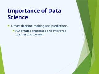 Importance of Data
Science
 Drives decision-making and predictions.
 Automates processes and improves
business outcomes.
 