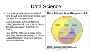 Data Science
●
Data science adalah ilmu interdisiplin
yang berarti data science terbentuk dari
berbagai ilmu pengetahuan.
●
Menurut Staven Geringer Raleigh
(2014), pembentuk data science dapat
diilustrasikan dalam diagram venn
berikut,
●
Data science mencakup disiplin ilmu
yang luas, berdasarkan diagram diatas
terdapat 3 disiplin ilmu yang berfokus
pada data science.
 