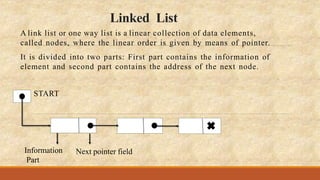 Linked List
A link list or one way list is a linear collection of data elements,
called nodes, where the linear order is given by means of pointer.
It is divided into two parts: First part contains the information of
element and second part contains the address of the next node.
START
Information
Part
Next pointer field
 