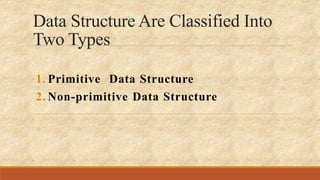 Data Structure Are Classified Into
Two Types
1. Primitive Data Structure
2. Non-primitive Data Structure
 