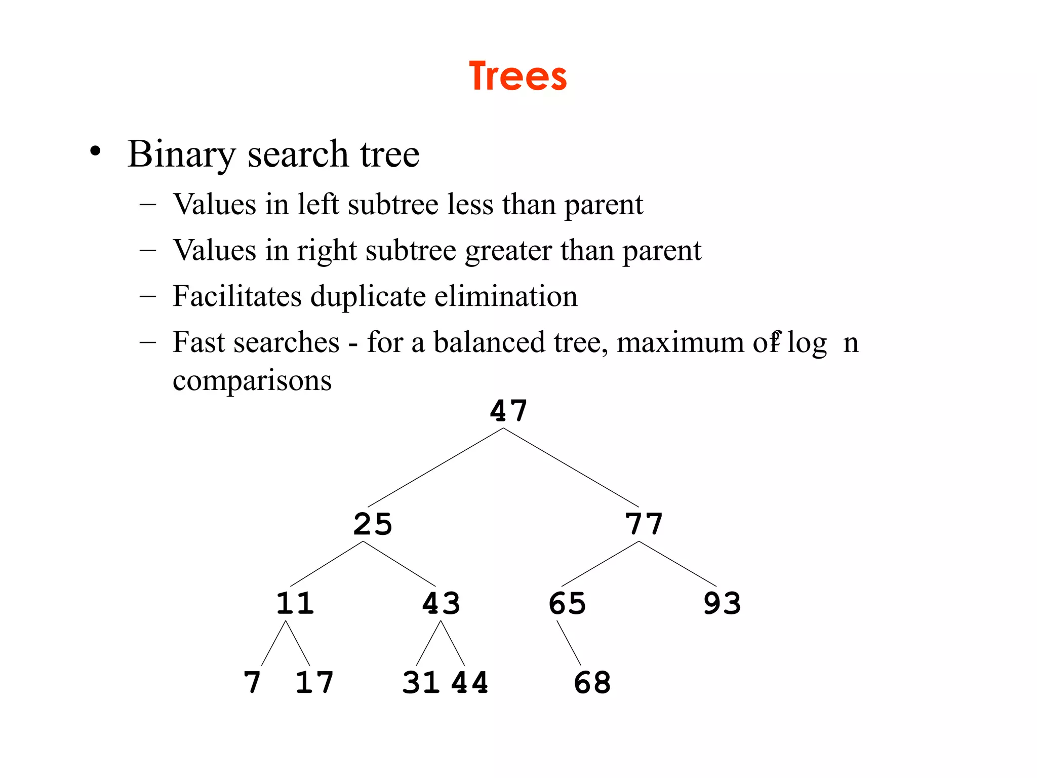 Trees
• Binary search tree
– Values in left subtree less than parent
– Values in right subtree greater than parent
– Facilitates duplicate elimination
– Fast searches - for a balanced tree, maximum of log n
comparisons
47
25 77
11 43 65 93
687 17 31 44
2
 