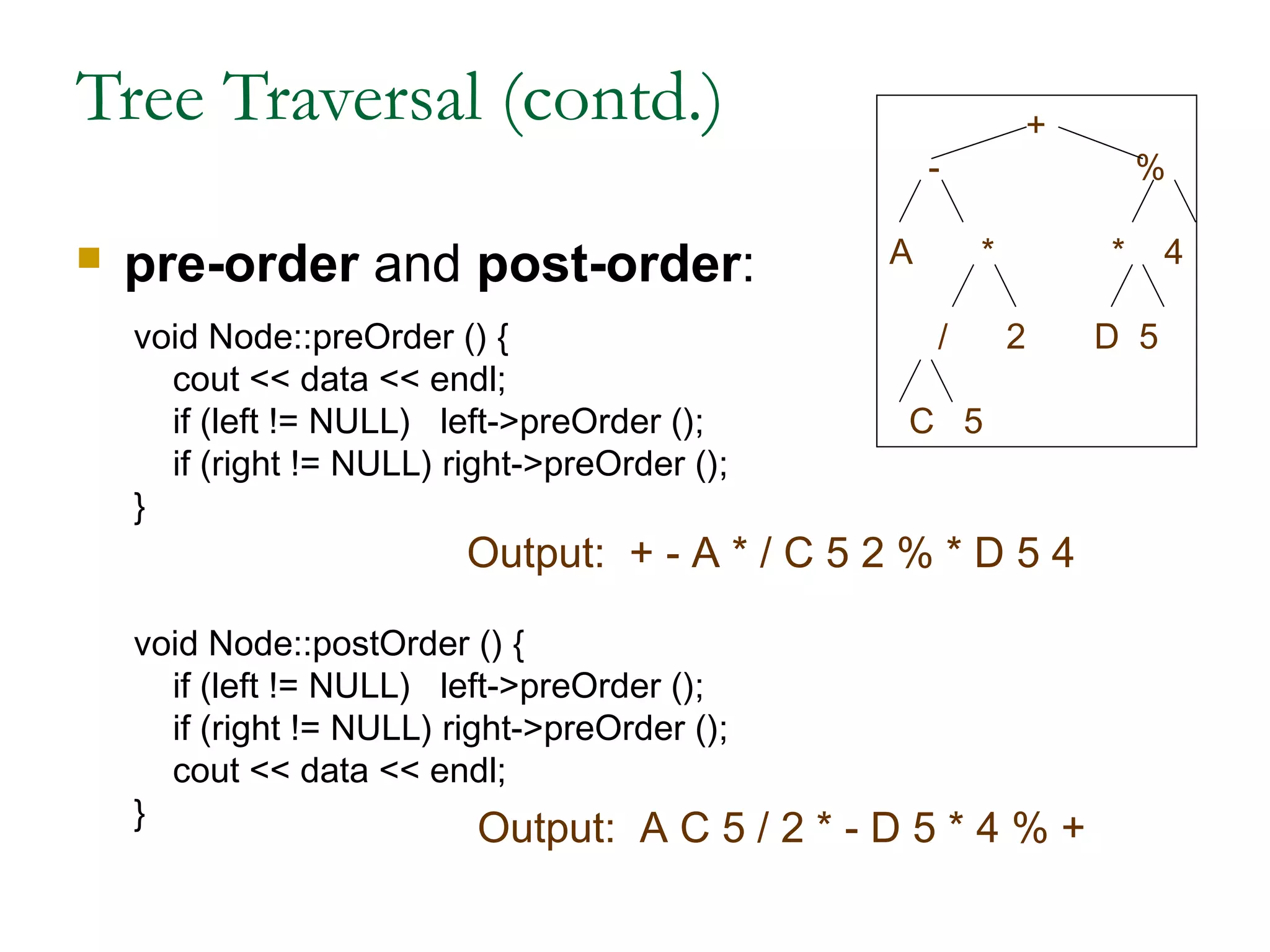 Tree Traversal (contd.)
 pre-order and post-order:
void Node::preOrder () {
cout << data << endl;
if (left != NULL) left->preOrder ();
if (right != NULL) right->preOrder ();
}
void Node::postOrder () {
if (left != NULL) left->preOrder ();
if (right != NULL) right->preOrder ();
cout << data << endl;
}
Output: + - A * / C 5 2 % * D 5 4
Output: A C 5 / 2 * - D 5 * 4 % +
+
- %
A * * 4
/ 2 D 5
C 5
 