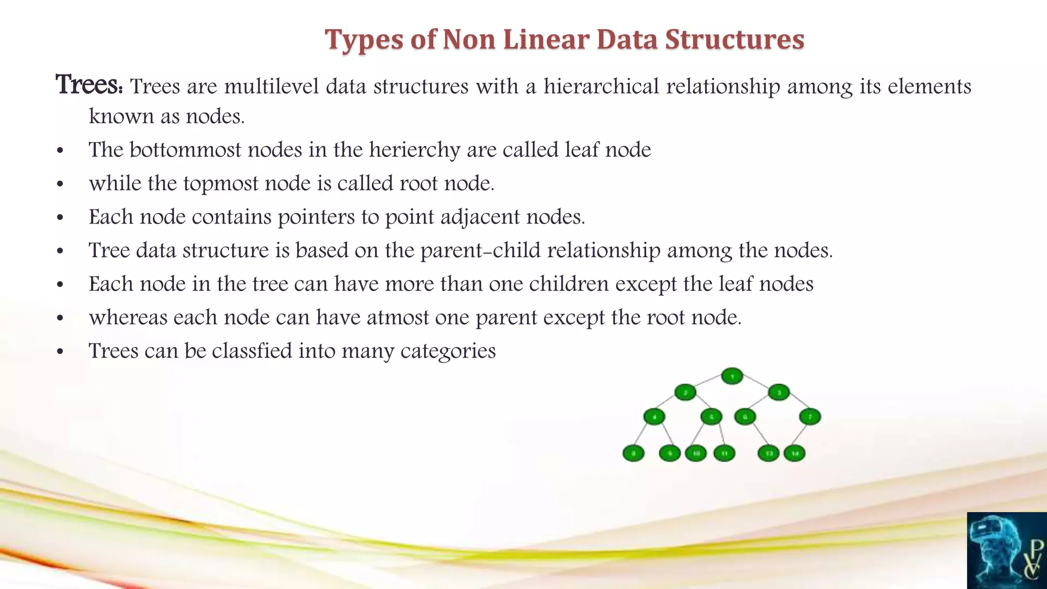 Trees: Trees are multilevel data structures with a hierarchical relationship among its elements
known as nodes.
• The bottommost nodes in the herierchy are called leaf node
• while the topmost node is called root node.
• Each node contains pointers to point adjacent nodes.
• Tree data structure is based on the parent-child relationship among the nodes.
• Each node in the tree can have more than one children except the leaf nodes
• whereas each node can have atmost one parent except the root node.
• Trees can be classfied into many categories
Types of Non Linear Data Structures
 