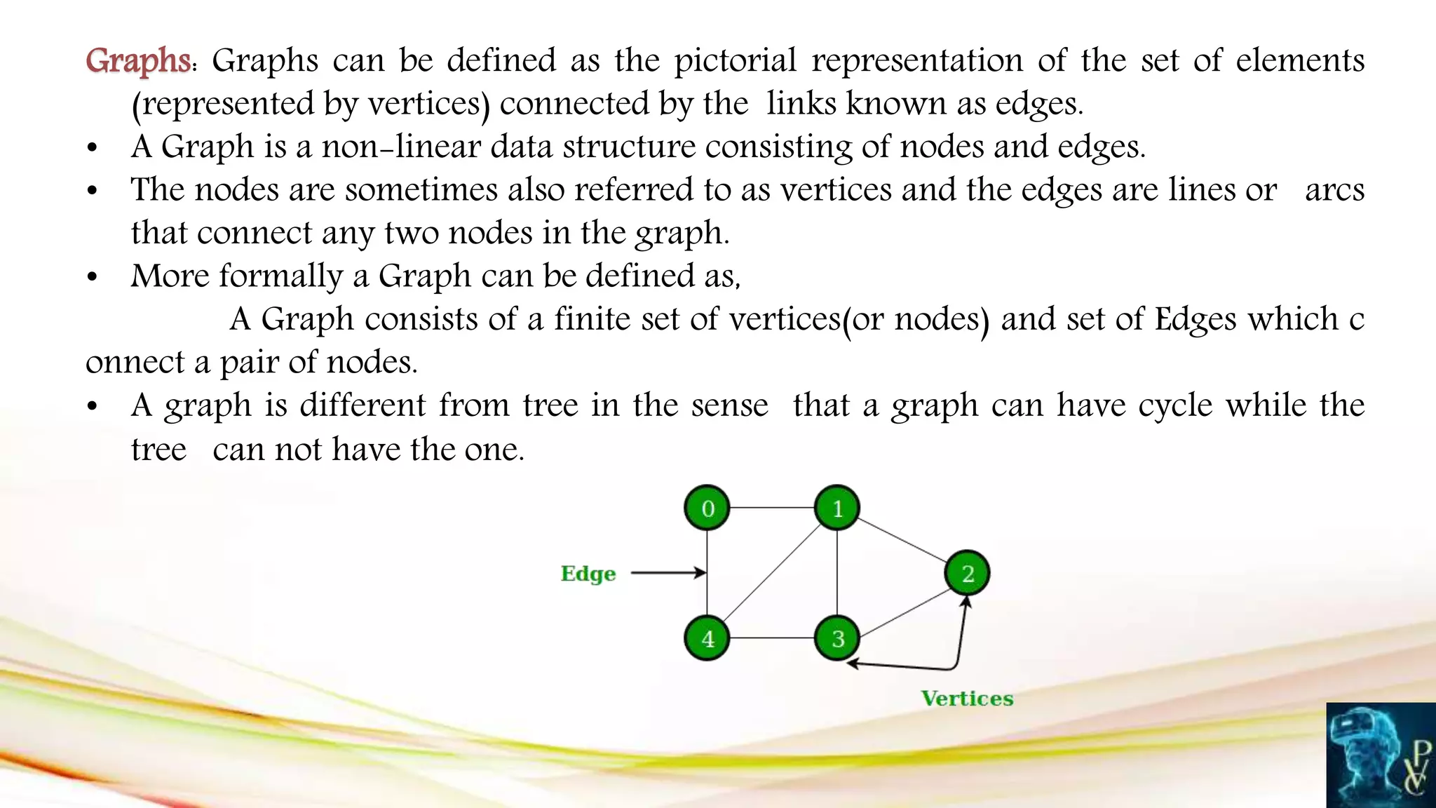 Graphs: Graphs can be defined as the pictorial representation of the set of elements
(represented by vertices) connected by the links known as edges.
• A Graph is a non-linear data structure consisting of nodes and edges.
• The nodes are sometimes also referred to as vertices and the edges are lines or arcs
that connect any two nodes in the graph.
• More formally a Graph can be defined as,
A Graph consists of a finite set of vertices(or nodes) and set of Edges which c
onnect a pair of nodes.
• A graph is different from tree in the sense that a graph can have cycle while the
tree can not have the one.
 