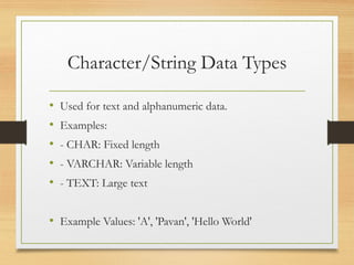 Alphanumeric String Value Example Introduction_to_Data_Types_Pavan_Tej.ppt