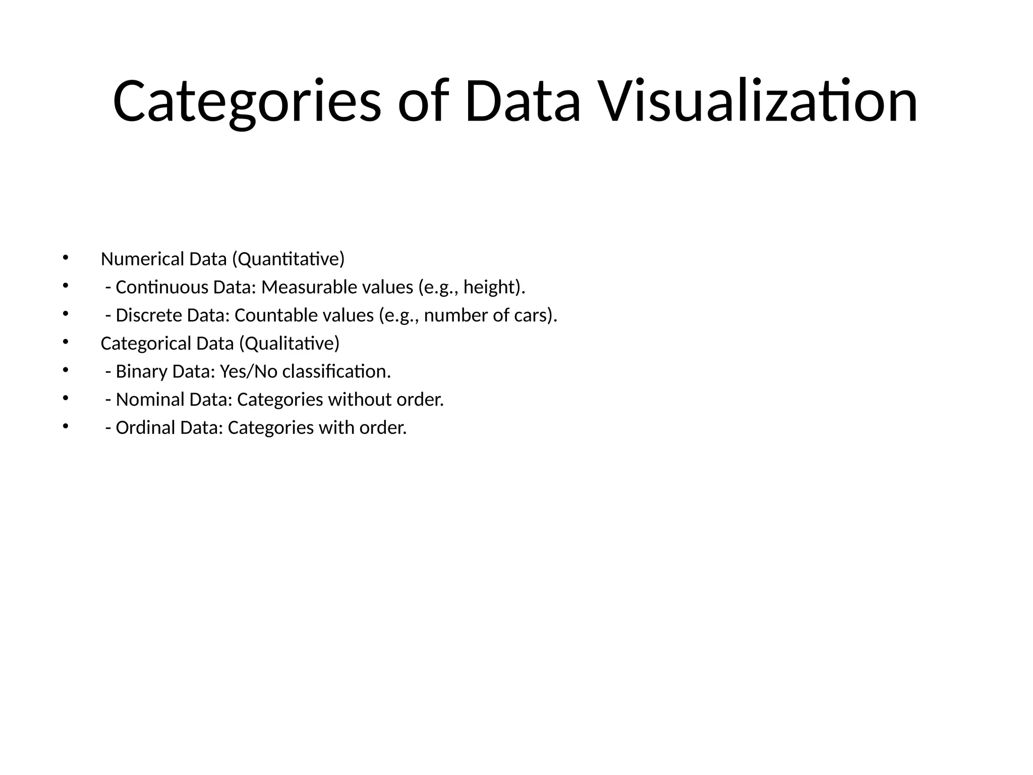 Categories of Data Visualization
• Numerical Data (Quantitative)
• - Continuous Data: Measurable values (e.g., height).
• - Discrete Data: Countable values (e.g., number of cars).
• Categorical Data (Qualitative)
• - Binary Data: Yes/No classification.
• - Nominal Data: Categories without order.
• - Ordinal Data: Categories with order.
 