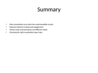 Summary
• Data visualization turns data into understandable visuals.
• Improves decision-making and engagement.
• Various tools and techniques suit different needs.
• Choosing the right visualization type is key.
 