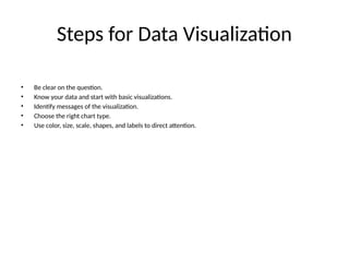 Steps for Data Visualization
• Be clear on the question.
• Know your data and start with basic visualizations.
• Identify messages of the visualization.
• Choose the right chart type.
• Use color, size, scale, shapes, and labels to direct attention.
 