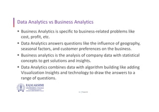 Power BI
11
Data Analytics vs Business Analytics
 Business Analytics is specific to business-related problems like
cost, profit, etc.
 Data Analytics answers questions like the influence of geography,
seasonal factors, and customer preferences on the business.
 Business analytics is the analysis of company data with statistical
concepts to get solutions and insights.
 Data Analytics combines data with algorithm building like adding
Visualization Insights and technology to draw the answers to a
range of questions.
 