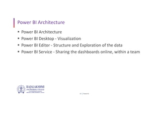 Power BI
19
Power BI Architecture
 Power BI Architecture
 Power BI Desktop - Visualization
 Power BI Editor - Structure and Exploration of the data
 Power BI Service - Sharing the dashboards online, within a team
 