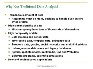 Why Not Traditional Data Analysis? Tremendous amount of data Algorithms must be highly scalable to handle such as tera-bytes of data High-dimensionality of data  Micro-array may have tens of thousands of dimensions High complexity of data Data streams and sensor data Time-series data, temporal data, sequence data  Structure data, graphs, social networks and multi-linked data Heterogeneous databases and legacy databases Spatial, spatiotemporal, multimedia, text and Web data Software programs, scientific simulations New and sophisticated applications 