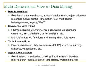 Multi-Dimensional View of Data Mining Data to be mined Relational, data warehouse, transactional, stream, object-oriented/relational, active, spatial, time-series, text, multi-media, heterogeneous, legacy, WWW Knowledge to be mined Characterization, discrimination, association, classification, clustering, trend/deviation, outlier analysis, etc. Multiple/integrated functions and mining at multiple levels Techniques utilized Database-oriented, data warehouse (OLAP), machine learning, statistics, visualization, etc. Applications adapted Retail, telecommunication, banking, fraud analysis, bio-data mining, stock market analysis, text mining, Web mining, etc. 