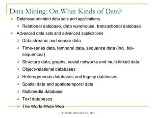 Data Mining: On What Kinds of Data? Database-oriented data sets and applications Relational database, data warehouse, transactional database Advanced data sets and advanced applications  Data streams and sensor data Time-series data, temporal data, sequence data (incl. bio-sequences)  Structure data, graphs, social networks and multi-linked data Object-relational databases Heterogeneous databases and legacy databases Spatial data and spatiotemporal data Multimedia database Text databases The World-Wide Web 