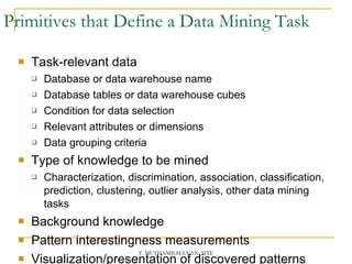 Primitives that Define a Data Mining Task Task-relevant data Database or data warehouse name Database tables or data warehouse cubes Condition for data selection Relevant attributes or dimensions Data grouping criteria Type of knowledge to be mined Characterization, discrimination, association, classification, prediction, clustering, outlier analysis, other data mining tasks Background knowledge Pattern interestingness measurements Visualization/presentation of discovered patterns 