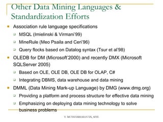 Other Data Mining Languages & Standardization Efforts Association rule language specifications MSQL (Imielinski & Virmani’99) MineRule (Meo Psaila and Ceri’96)  Query flocks based on Datalog syntax (Tsur et al’98) OLEDB for DM (Microsoft’2000) and recently DMX (Microsoft SQLServer 2005) Based on OLE, OLE DB, OLE DB for OLAP, C# Integrating DBMS, data warehouse and data mining DMML (Data Mining Mark-up Language) by DMG (www.dmg.org) Providing a platform and process structure for effective data mining Emphasizing on deploying data mining technology to solve business problems 