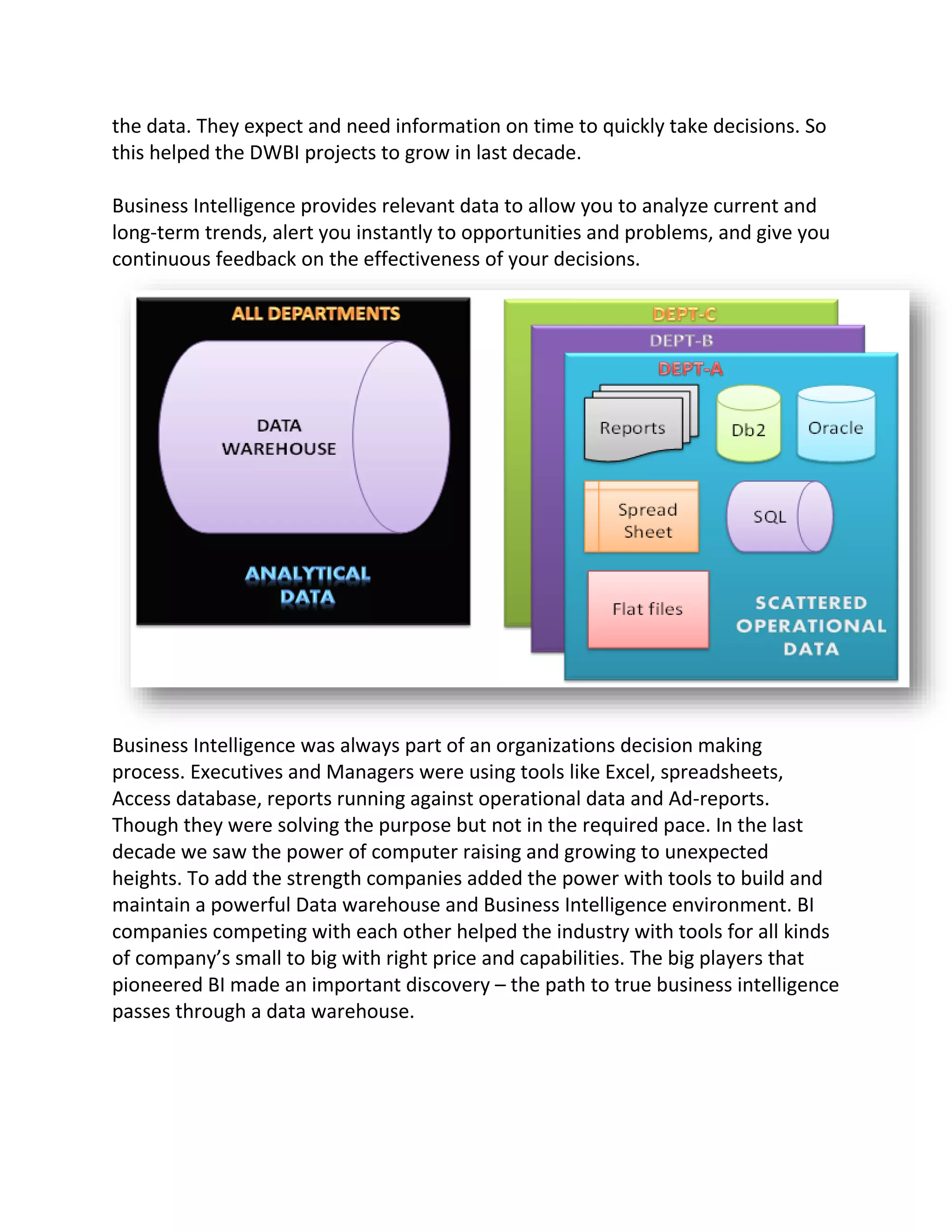 the data. They expect and need information on time to quickly take decisions. So
this helped the DWBI projects to grow in last decade.
Business Intelligence provides relevant data to allow you to analyze current and
long-term trends, alert you instantly to opportunities and problems, and give you
continuous feedback on the effectiveness of your decisions.

Business Intelligence was always part of an organizations decision making
process. Executives and Managers were using tools like Excel, spreadsheets,
Access database, reports running against operational data and Ad-reports.
Though they were solving the purpose but not in the required pace. In the last
decade we saw the power of computer raising and growing to unexpected
heights. To add the strength companies added the power with tools to build and
maintain a powerful Data warehouse and Business Intelligence environment. BI
companies competing with each other helped the industry with tools for all kinds
of company’s small to big with right price and capabilities. The big players that
pioneered BI made an important discovery – the path to true business intelligence
passes through a data warehouse.

 