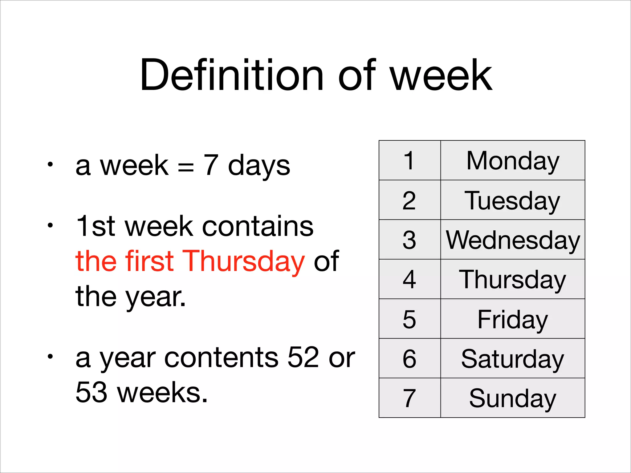 Definition of week
• a week = 7 days

• 1st week contains  
the first Thursday of
the year.

• a year contents 52 or
53 weeks.
1 Monday
2 Tuesday
3 Wednesday
4 Thursday
5 Friday
6 Saturday
7 Sunday
 