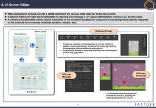 8. N-Screen Editor

   Web applications should provide a UI/UX optimized for various LCD sizes for N-Screen service.
   N-Screen Editor provides the functionality to develop and manage a UP layout optimized for various LCD screen sizes.
   A universal functionality which can be expanded to the universal function for responsive web design that actively response
    to the external environments (weather, location, sensor, etc).


                                   Narrow Screen                                            N-Screen Preset
          Normal Screen




                                                   •   Provides a template where properties of various media are
                                                       applied, allowing developers to design the screen by applying
                                                       the properties without additional development.
                                                   •   Provides the preview of applicable N-Screen list for developers
                                                       to view and apply them.




                                                       N-Screen                                                                             N-Screen
                                                       Manager                                                                              Previewer




                          Wide Screen
                                                                                                      •   The Previewer allows developers to
                                                                                                          forecast the result of applying the
                                                                                                          media properties to the screen.


                                                                       10
 