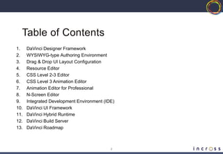 1.    DaVinci Designer Framework
2.    WYSIWYG-type Authoring Environment
3.    Drag & Drop UI Layout Configuration
4.    Resource Editor
5.    CSS Level 2-3 Editor
6.    CSS Level 3 Animation Editor
7.    Animation Editor for Professional
8.    N-Screen Editor
9.    Integrated Development Environment (IDE)
10.   DaVinci UI Framework
11.   DaVinci Hybrid Runtime
12.   DaVinci Build Server




                                            2
 