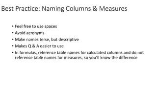 Best Practice: Naming Columns & Measures
• Feel free to use spaces
• Avoid acronyms
• Make names terse, but descriptive
• Makes Q & A easier to use
• In formulas, reference table names for calculated columns and do not
reference table names for measures, so you’ll know the difference
 