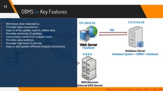 DBMS >> Key Features
12
Mohammad Imam Hossain, Lecturer, Dept. of CSE, UIU
192.168.0.103
192.168.0.115
192.168.0.110
157.240.0.35
HTTP req
HTTP res
SQL
172.210.0.25
8.8.8.8
Facebook
▪ Minimizes data redundancy.
▪ Provides data consistency.
▪ Easy to write, update, search, delete data.
▪ Provides atomicity of updates.
▪ Concurrency control for multiple users.
▪ Provides data isolation.
▪ Provides high level of security.
▪ Easy to add/update different integrity constraints.
Database Server
Database System = DBMS + Database
DNS Recursor
(Internal DNS Server)
 