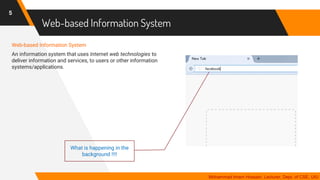 Web-based Information System
Web-based Information System
An information system that uses Internet web technologies to
deliver information and services, to users or other information
systems/applications.
5
Mohammad Imam Hossain, Lecturer, Dept. of CSE, UIU
What is happening in the
background !!!!
 