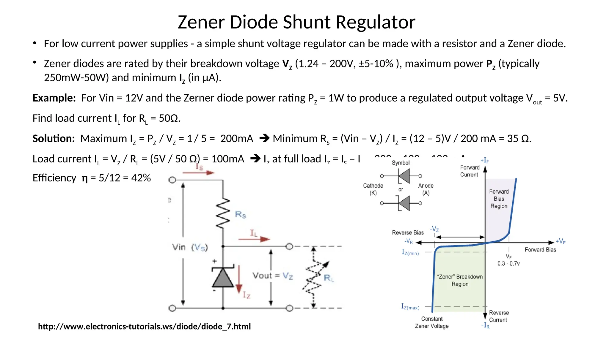 • For low current power supplies - a simple shunt voltage regulator can be made with a resistor and a Zener diode.
• Zener diodes are rated by their breakdown voltage VZ (1.24 – 200V, ±5-10% ), maximum power PZ (typically
250mW-50W) and minimum IZ (in µA).
Example: For Vin = 12V and the Zerner diode power rating PZ = 1W to produce a regulated output voltage Vout = 5V.
Find load current IL for RL = 50Ω.
Solution: Maximum IZ = PZ / VZ = 1/ 5 = 200mA  Minimum RS = (Vin – VZ) / IZ = (12 – 5)V / 200 mA = 35 Ω.
Load current IL = VZ / RL = (5V / 50 Ω) = 100mA  IZ at full load IZ = IS – IL = 200 – 100 = 100 mA
Efficiency η = 5/12 = 42%
Zener Diode Shunt Regulator
http://www.electronics-tutorials.ws/diode/diode_7.html
 