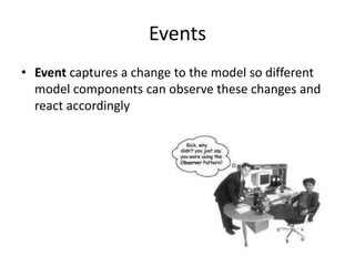 Service
• When an operation does not conceptually belong to
  an Entity nor to a Value Object you can put it in a
  service
• Services are still a natural part of a model
• Domain services should be distinguished from other
  services (application, infrastructural)
 