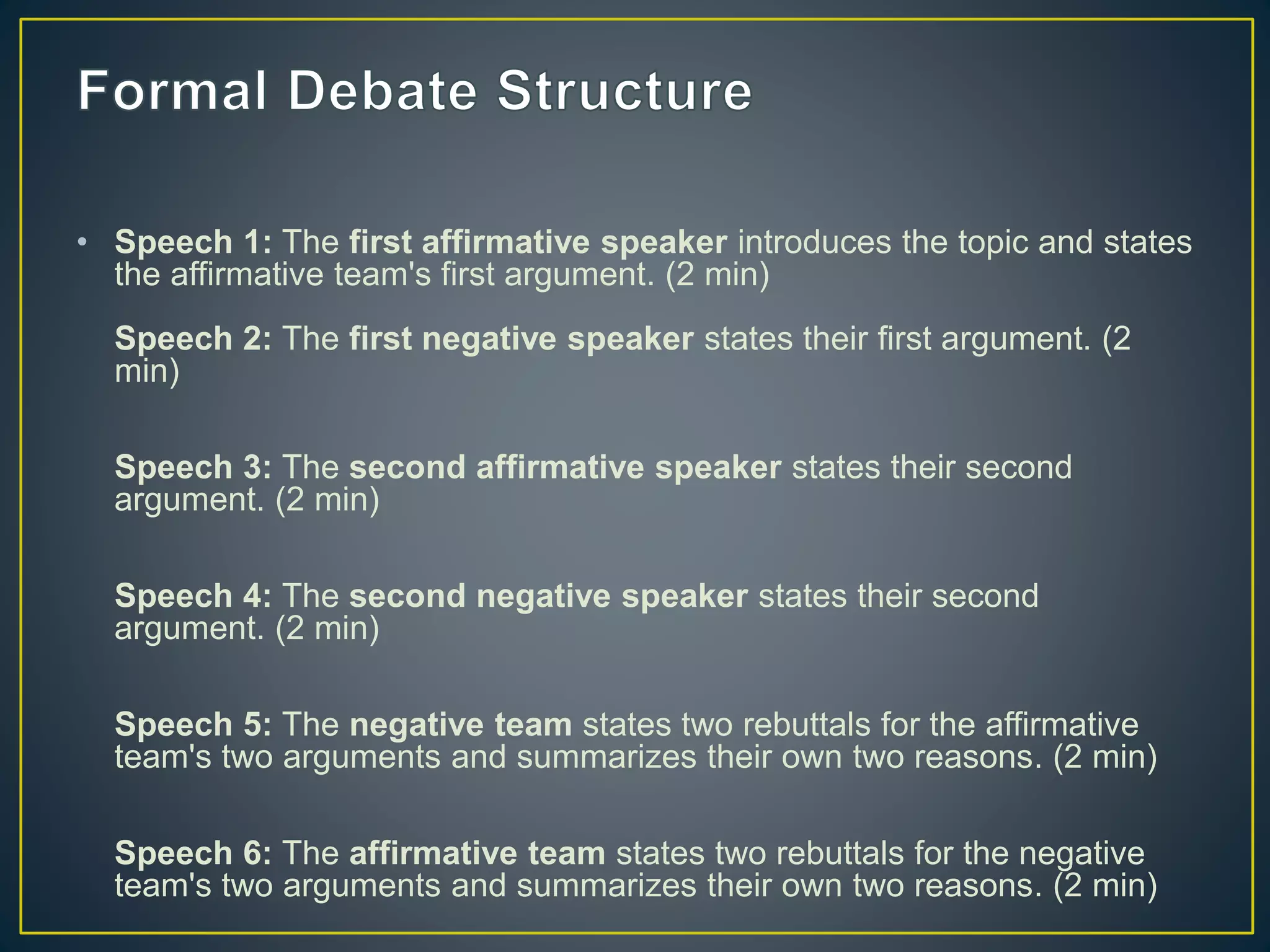 • Speech 1: The first affirmative speaker introduces the topic and states
the affirmative team's first argument. (2 min)
Speech 2: The first negative speaker states their first argument. (2
min)
Speech 3: The second affirmative speaker states their second
argument. (2 min)
Speech 4: The second negative speaker states their second
argument. (2 min)
Speech 5: The negative team states two rebuttals for the affirmative
team's two arguments and summarizes their own two reasons. (2 min)
Speech 6: The affirmative team states two rebuttals for the negative
team's two arguments and summarizes their own two reasons. (2 min)
 