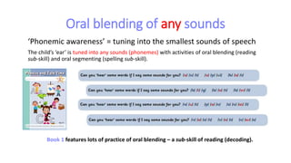 Oral blending of any sounds
‘Phonemic awareness’ = tuning into the smallest sounds of speech
The child’s ‘ear’ is tuned into any sounds (phonemes) with activities of oral blending (reading
sub-skill) and oral segmenting (spelling sub-skill).
Book 1 features lots of practice of oral blending – a sub-skill of reading (decoding).
 