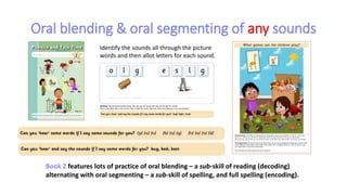 Oral blending & oral segmenting of any sounds
Book 2 features lots of practice of oral blending – a sub-skill of reading (decoding)
alternating with oral segmenting – a sub-skill of spelling, and full spelling (encoding).
Identify the sounds all through the picture
words and then allot letters for each sound.
 