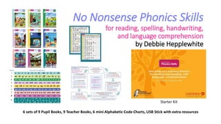 No Nonsense Phonics Skills
for reading, spelling, handwriting,
and language comprehension
by Debbie Hepplewhite
Starter Kit
6 sets of 9 Pupil Books, 9 Teacher Books, 6 mini Alphabetic Code Charts, USB Stick with extra resources
 