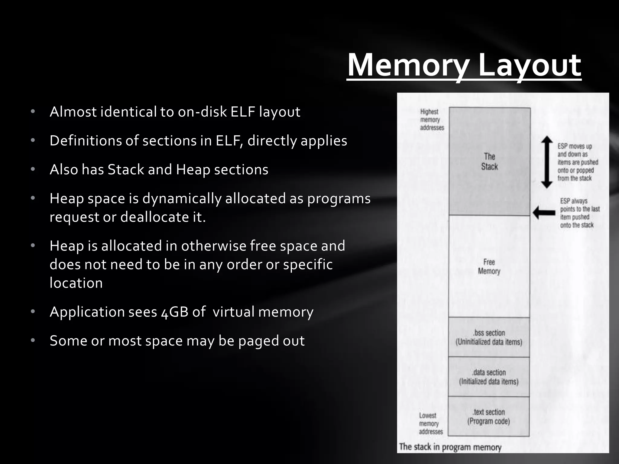 Memory Layout
• Almost identical to on-disk ELF layout
• Definitions of sections in ELF, directly applies
• Also has Stack and Heap sections
• Heap space is dynamically allocated as programs
  request or deallocate it.
• Heap is allocated in otherwise free space and
  does not need to be in any order or specific
  location
• Application sees 4GB of virtual memory
• Some or most space may be paged out
 