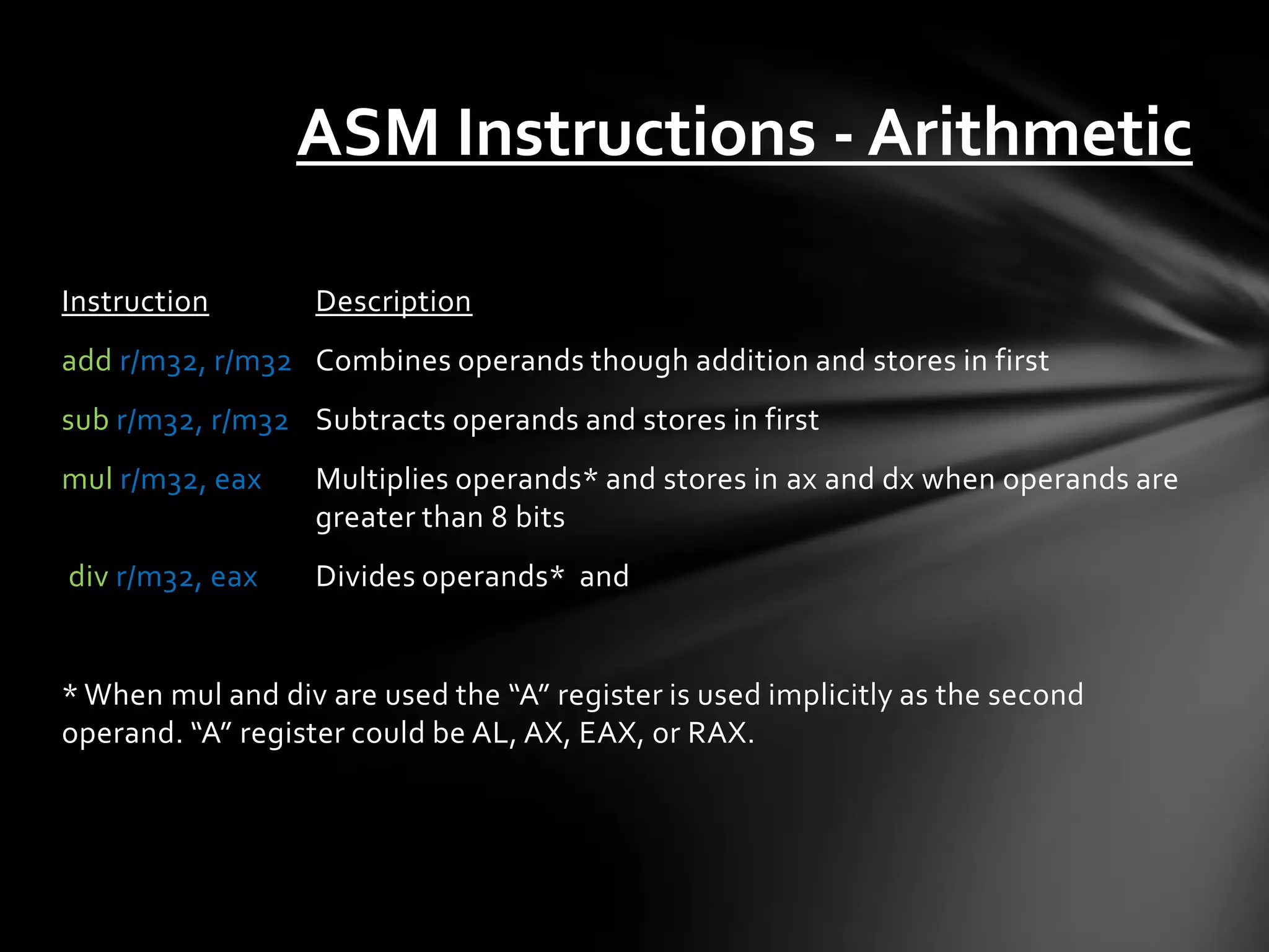 ASM Instructions - Arithmetic

Instruction        Description
add r/m32, r/m32 Combines operands though addition and stores in first
sub r/m32, r/m32 Subtracts operands and stores in first
mul r/m32, eax     Multiplies operands* and stores in ax and dx when operands are
                   greater than 8 bits
div r/m32, eax     Divides operands* and


* When mul and div are used the “A” register is used implicitly as the second
operand. “A” register could be AL, AX, EAX, or RAX.
 