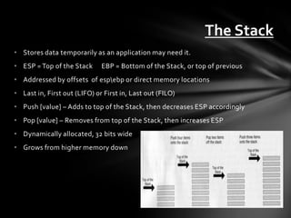 The Stack
• Stores data temporarily as an application may need it.
• ESP = Top of the Stack      EBP = Bottom of the Stack, or top of previous
• Addressed by offsets of espebp or direct memory locations
• Last in, First out (LIFO) or First in, Last out (FILO)
• Push [value] – Adds to top of the Stack, then decreases ESP accordingly
• Pop [value] – Removes from top of the Stack, then increases ESP
• Dynamically allocated, 32 bits wide
• Grows from higher memory down
 