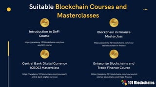 Suitable Blockchain Courses and
Masterclasses
Blockchain in Finance
Masterclass
https://academy.101blockchains.com/cour
ses/blockchain-in-finance
Central Bank Digital Currency
(CBDC) Masterclass
https://academy.101blockchains.com/courses/c
entral-bank-digital-currency
Enterprise Blockchains and
Trade Finance Course
https://academy.101blockchains.com/courses/ent
erprise-blockchains-and-trade-finance
Introduction to DeFi
Course
https://academy.101blockchains.com/cour
ses/defi-course
 