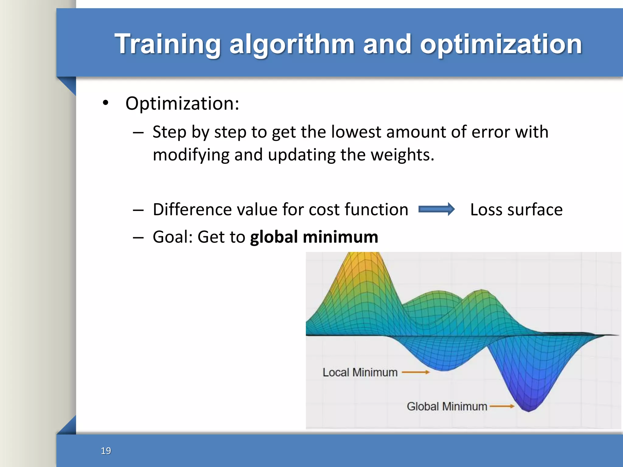 Training algorithm and optimization
• Optimization:
– Step by step to get the lowest amount of error with
modifying and updating the weights.
– Difference value for cost function
– Goal: Get to global minimum
19
Loss surface
 