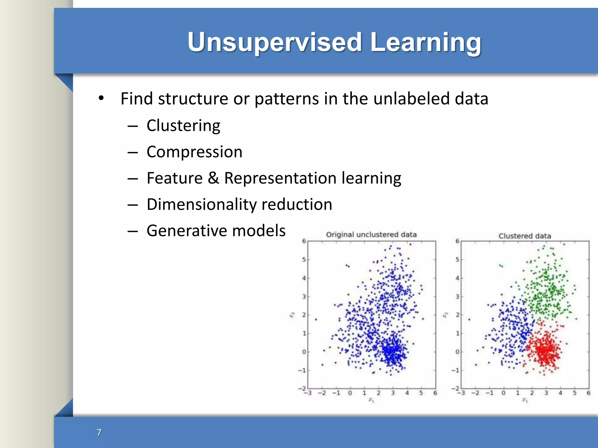 Unsupervised Learning
• Find structure or patterns in the unlabeled data
– Clustering
– Compression
– Feature & Representation learning
– Dimensionality reduction
– Generative models
7
 