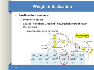 Weight initialization
• Small random numbers:
– Symmetry breaks
– Causes “Vanishing Gradient” flowing backward through
the network
• A concern for deep networks
39
'2 2 '1
11
2 2 1 1
1 1 1 1
1 2 2 1 1 1
1 1 1 1 1 1
1e xf w f
E E e o net o net
w e o net o net w
 
      
     
       
 