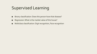Supervised Learning
■ Binary classification: Does this person have that disease?
■ Regression:What is the market value of this house?
■ Multiclass classification: Digit recognition, Face recognition
 